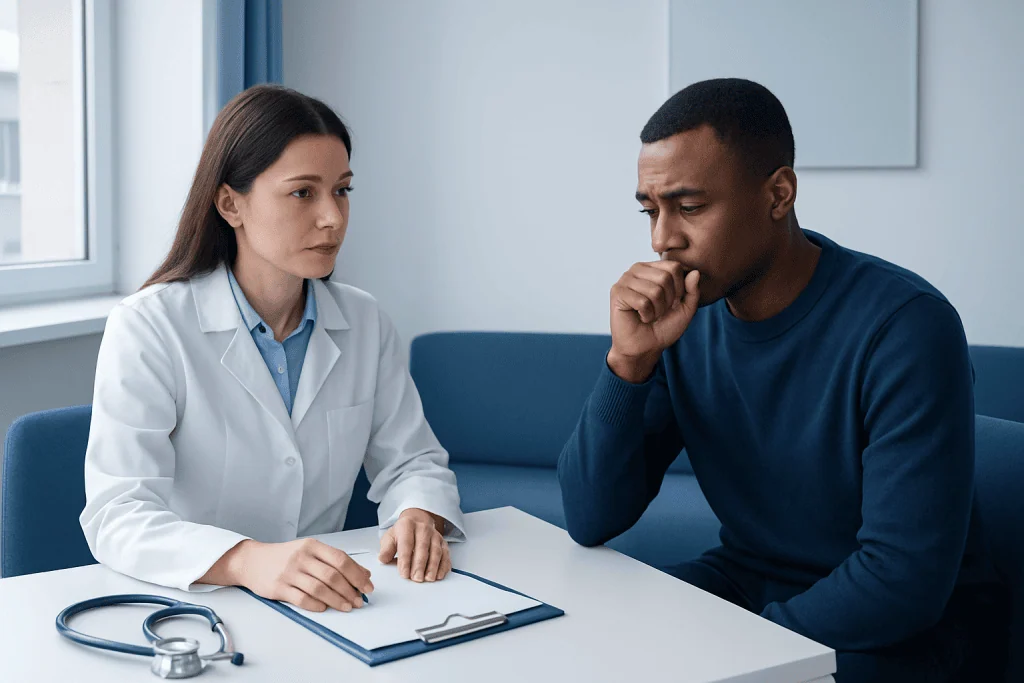 Doctor consulting with patient about health concerns in a clinical setting.