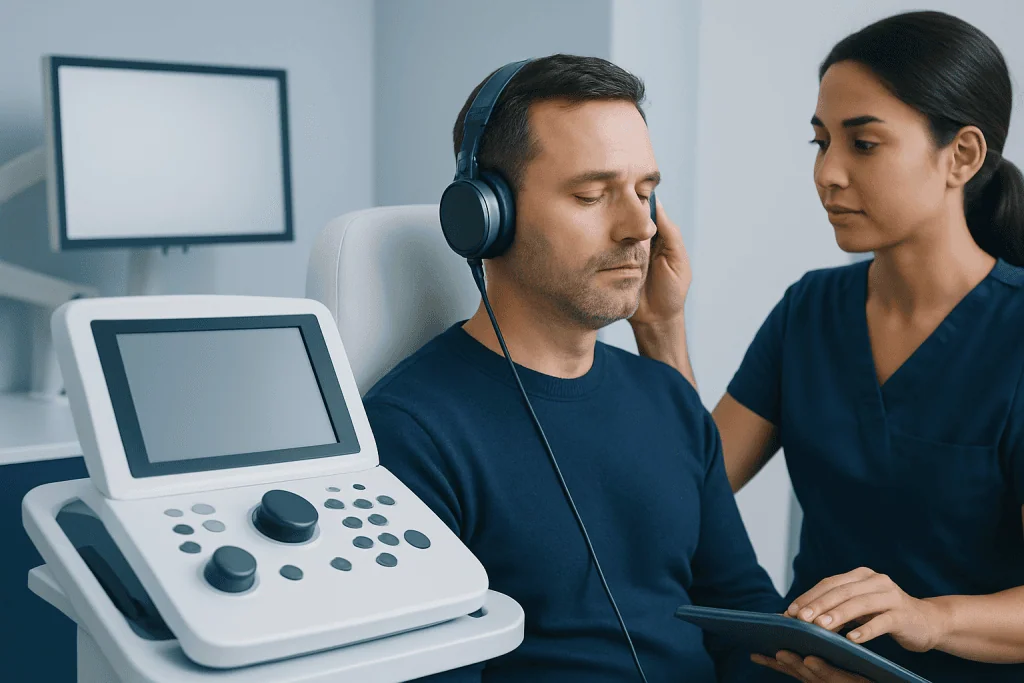Audiologist performing hearing test on patient at Acibadem Hospital.