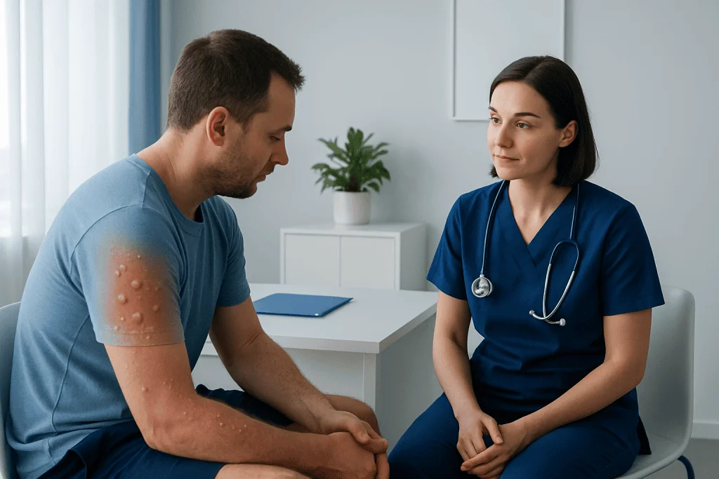 Patient with sunburn blisters consulting a healthcare professional.