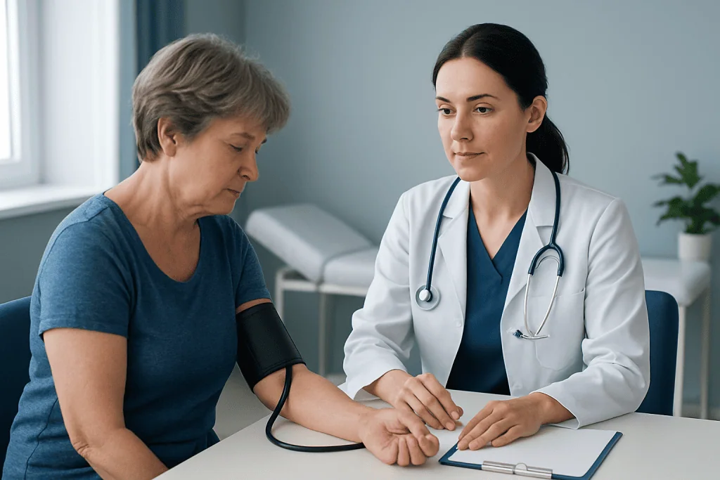 Doctor measuring blood pressure of an elderly woman in a clinic.