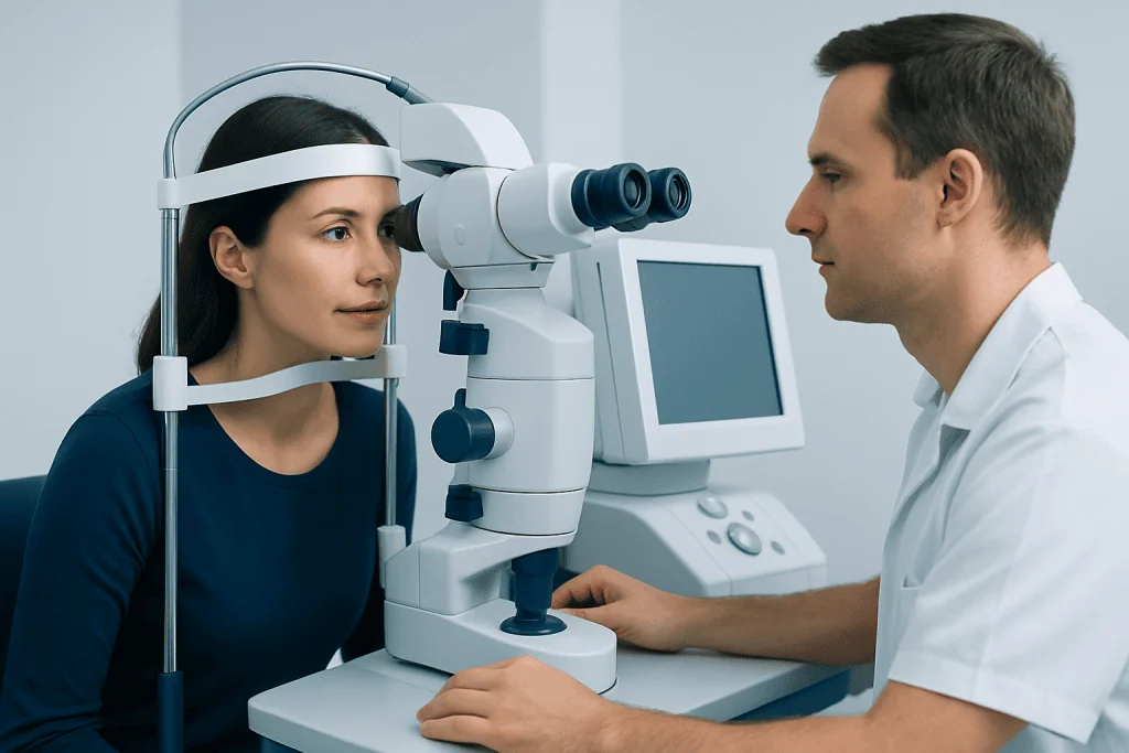 Optometrist performing eye examination with slit lamp at clinic.