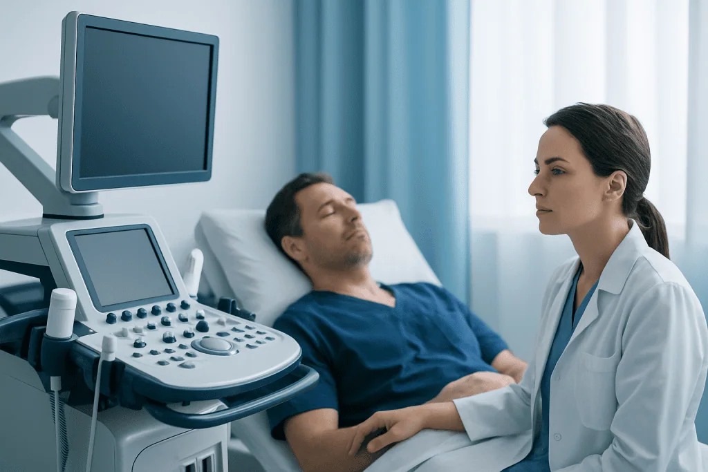Doctor performing ultrasound examination on male patient in hospital room.