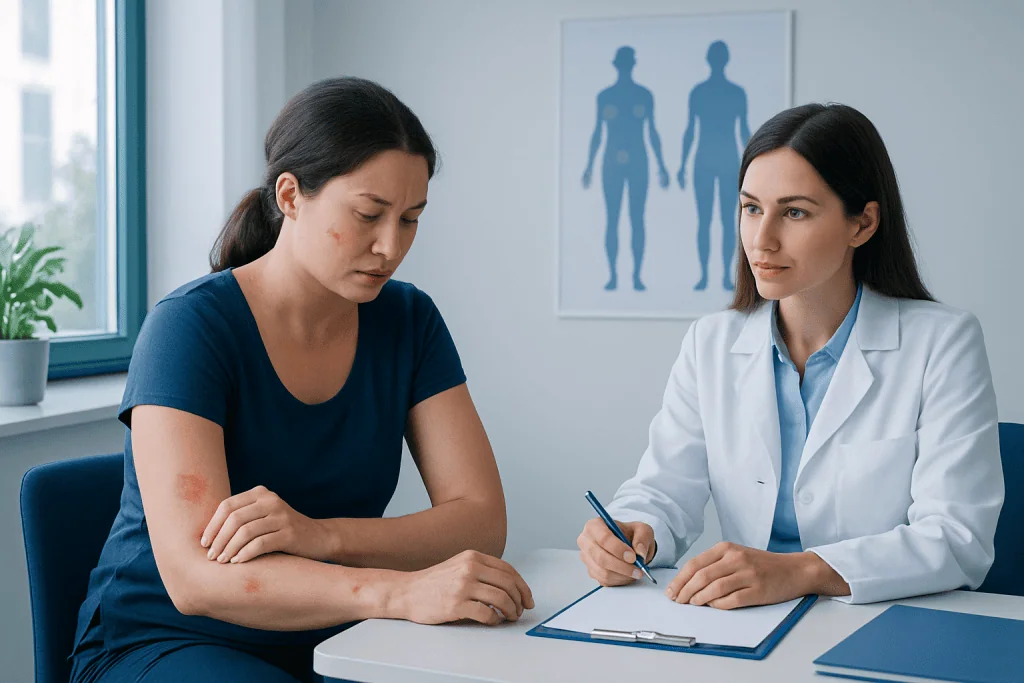 Doctor consulting with patient showing skin allergies at clinic.