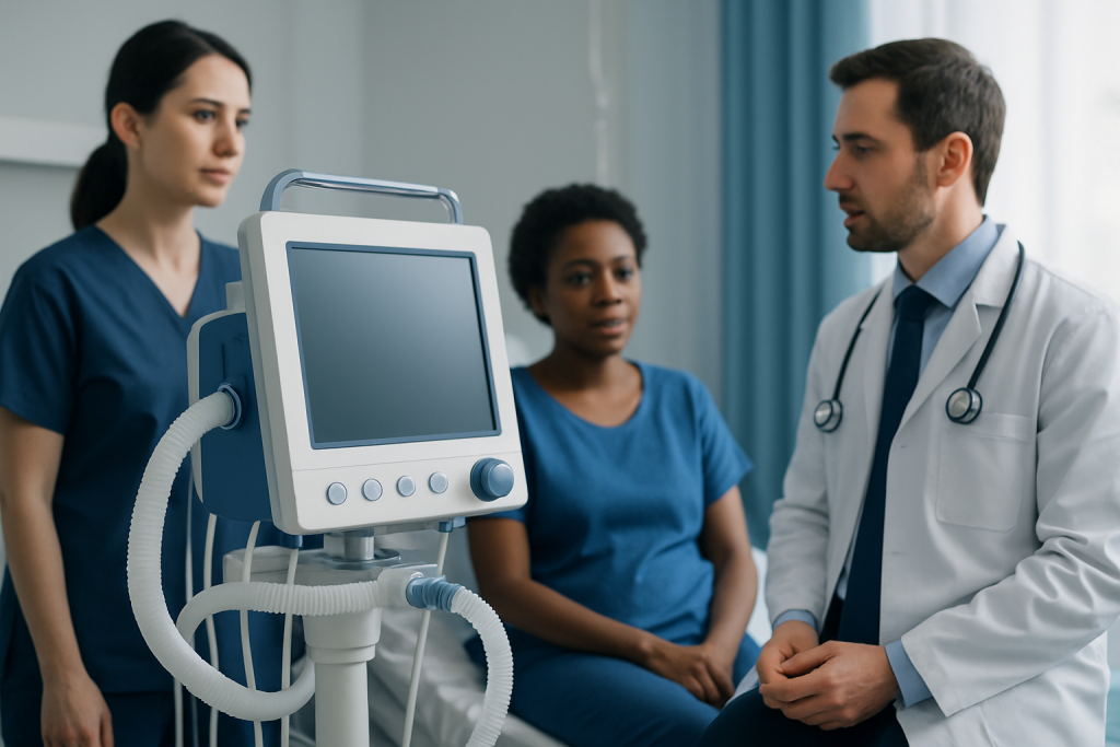 Medical team discussing patient care in hospital room with monitoring equipment.