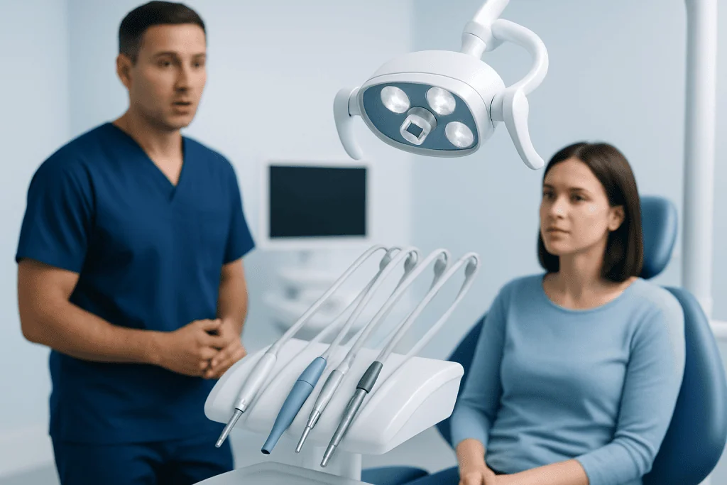 Dentist explaining dental tools to patient in clinic.