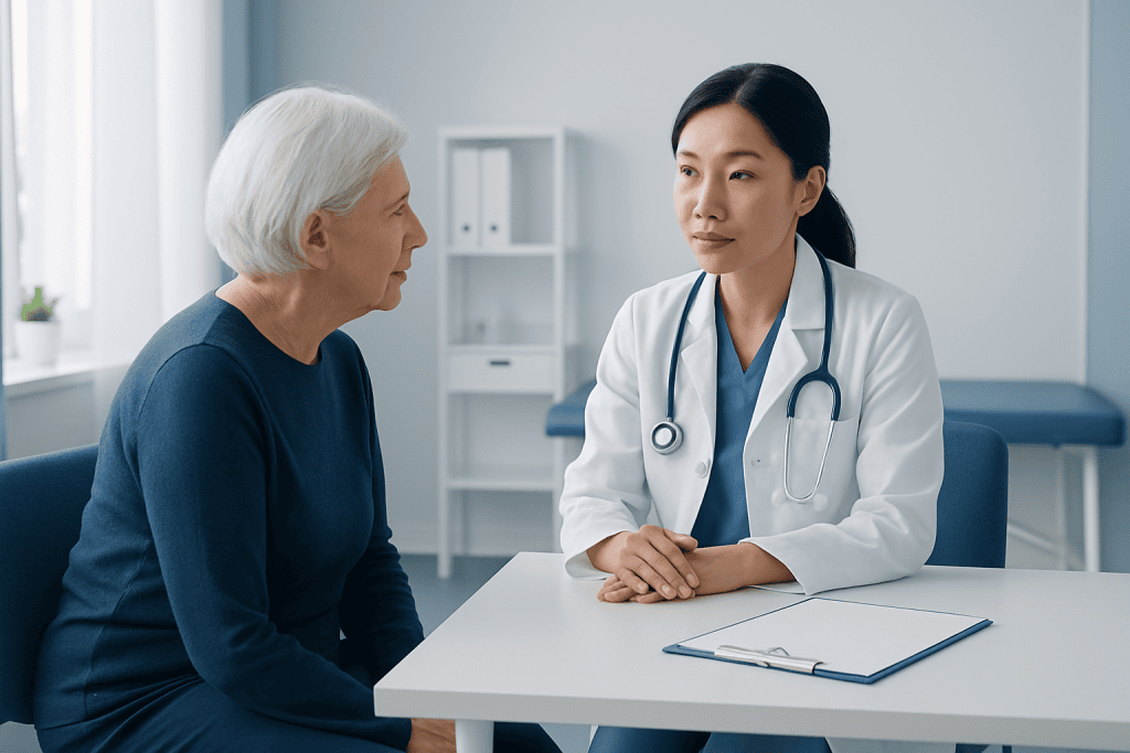 Doctor consulting with elderly patient in a medical office setting.