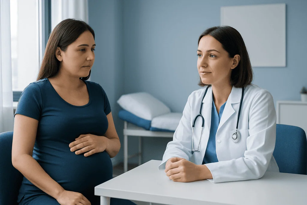 Pregnant woman consulting with a doctor in a hospital room.