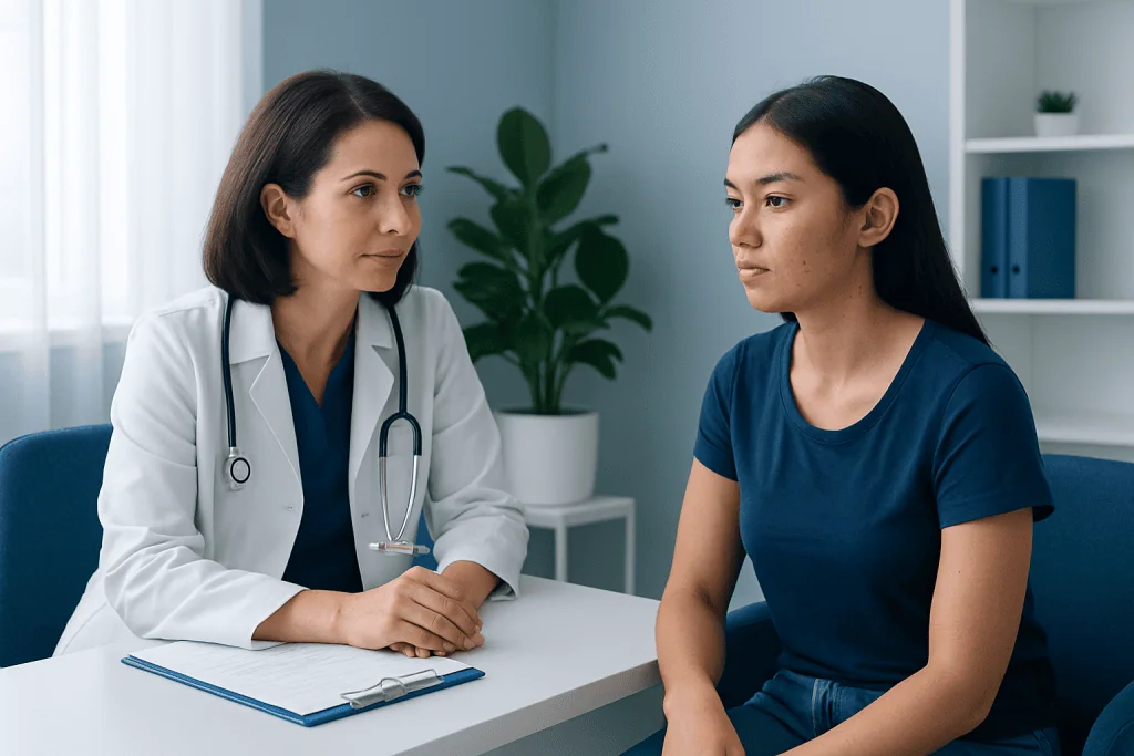 Doctor consulting with a patient about skin concerns in a medical office.