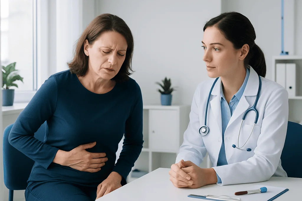 Doctor consulting with a woman patient experiencing stomach pain at a hospital.