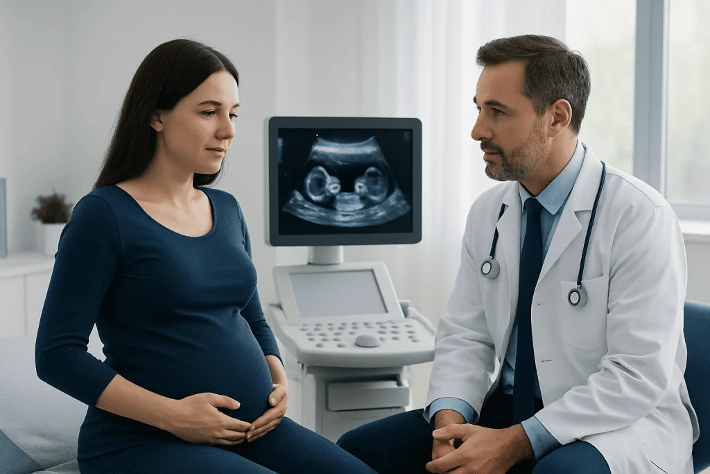 Pregnant woman consulting with doctor during ultrasound at Acibadem Hospital.