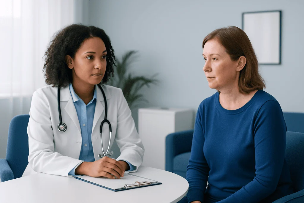 Doctor consulting with a patient about skin health and rosacea treatment.