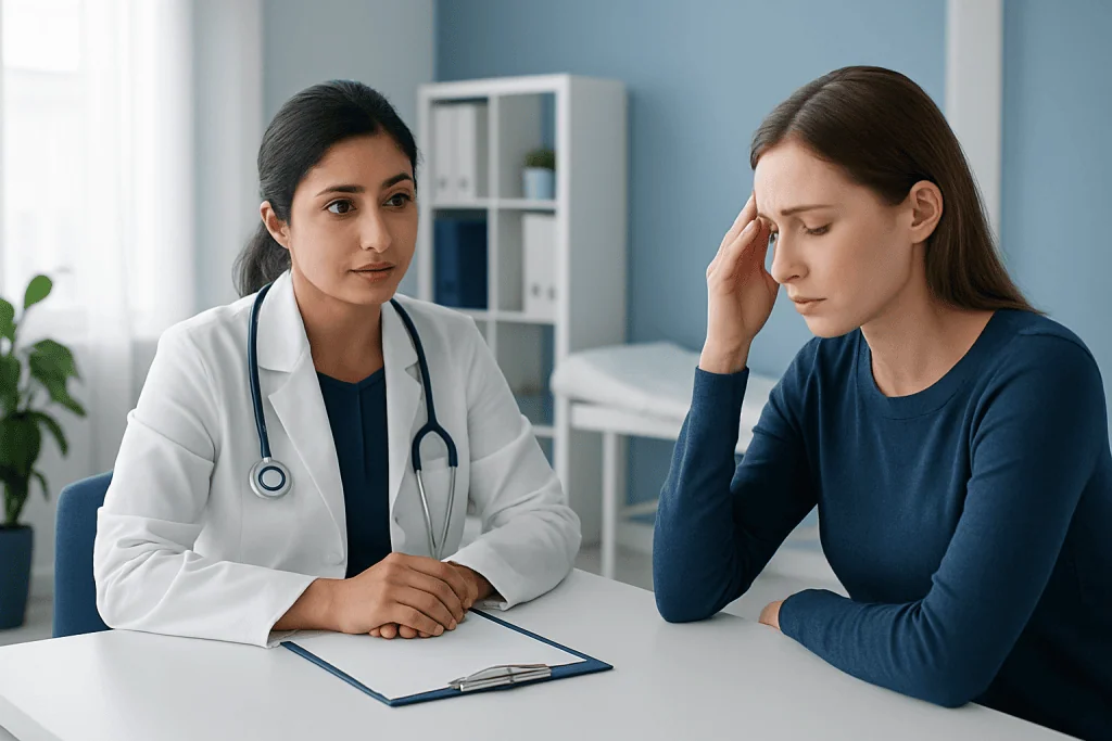 Doctor consulting with a patient about allergy medication options.