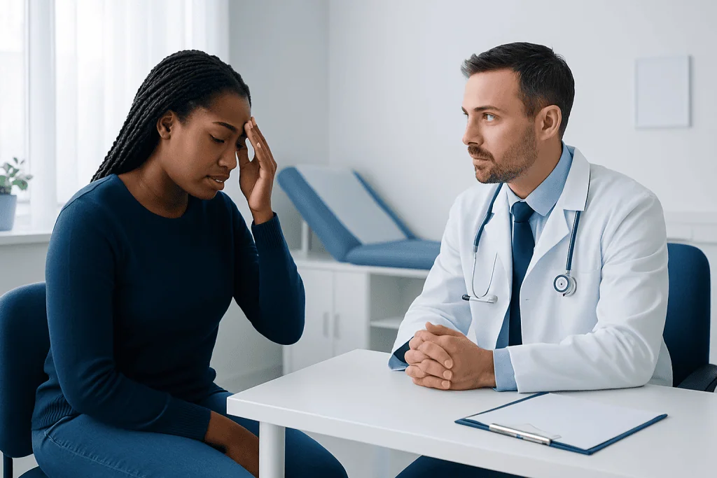 Doctor consulting with a patient in a medical office setting.