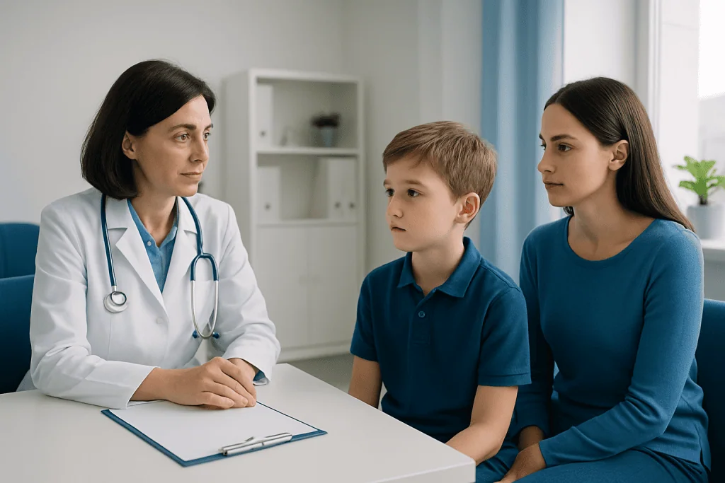 Doctor consulting with a young boy and his mother in a medical office.