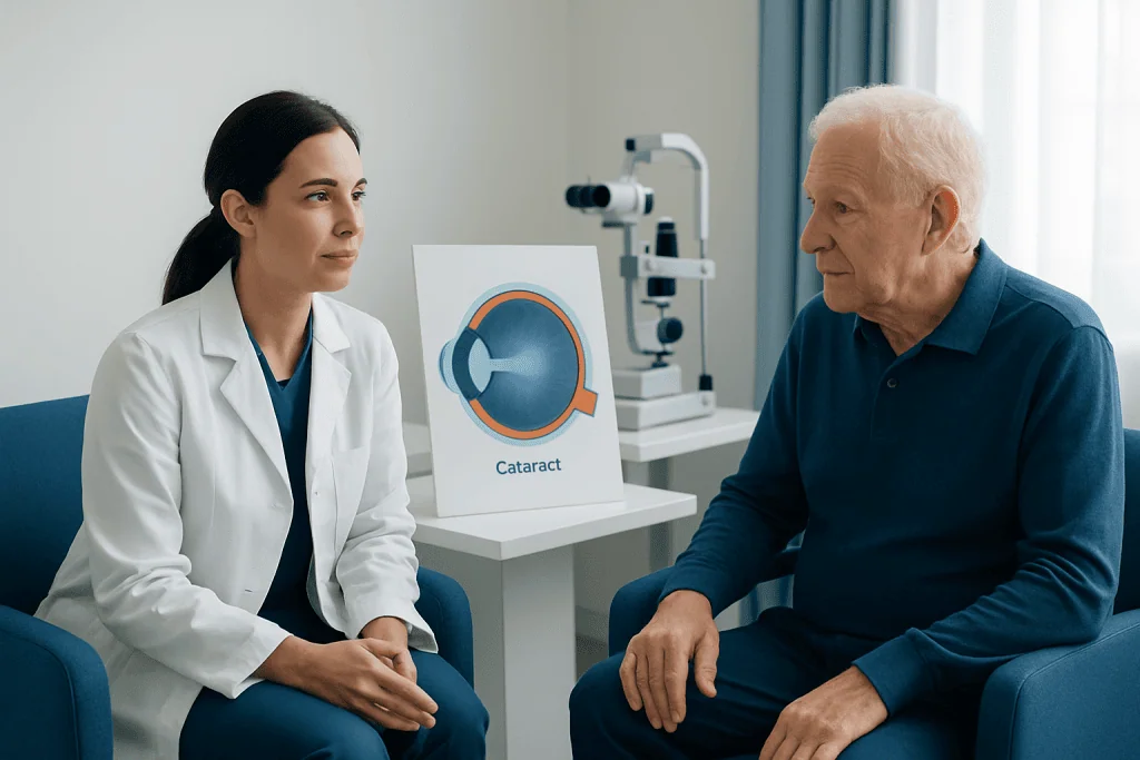 Ophthalmologist consulting elderly patient about cataract surgery.