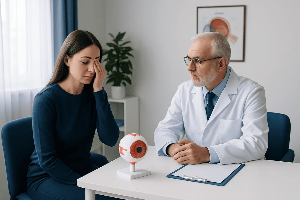 Patient consulting with ophthalmologist about eye health and retinitis pigmentosa.