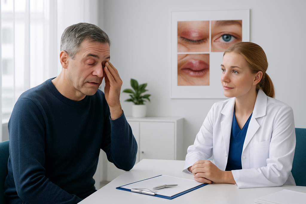 Patient consulting with doctor about eye health concerns.