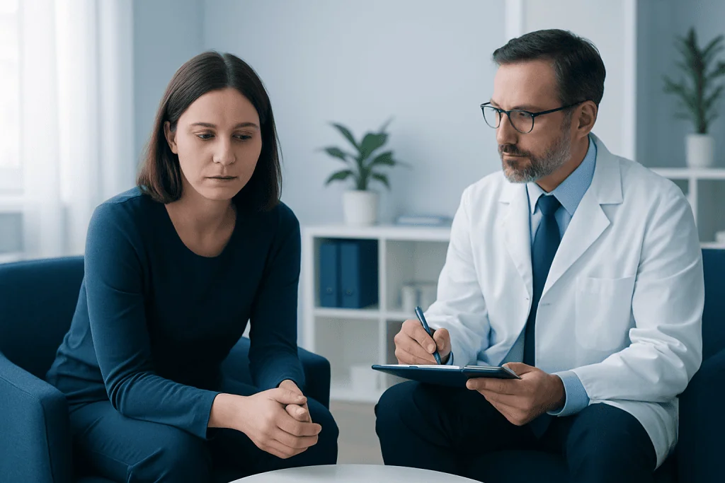 Therapist and patient discussing mental health in a clinical setting.