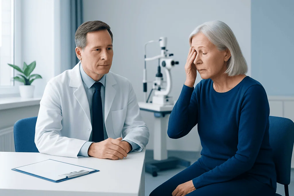 Doctor consulting with an elderly woman in a medical office setting.