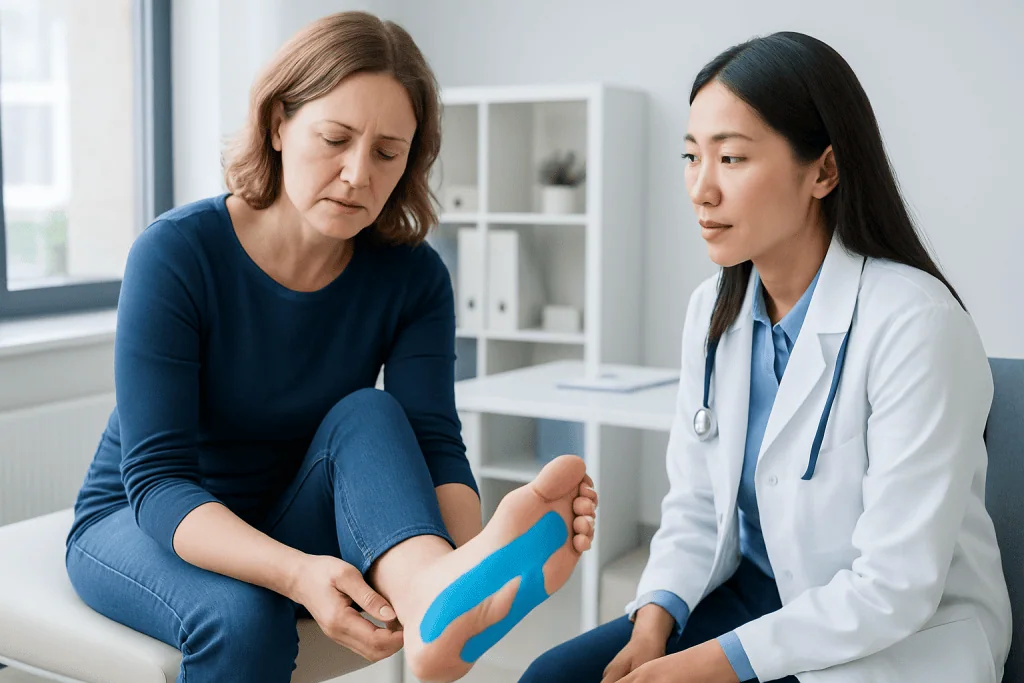 Doctor applying kinesio tape to patient's foot for injury treatment.