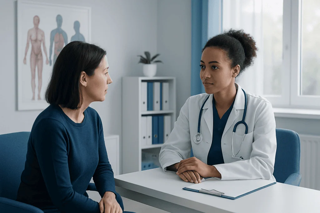 Doctor consulting with a patient in a medical office at Acibadem Hospitals.