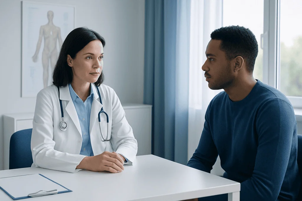 Doctor consulting with a patient in a medical office setting.
