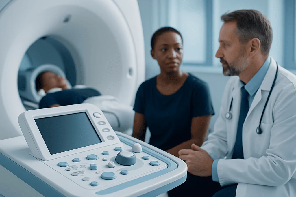 Doctor explaining MRI scan results to a patient in a hospital setting.