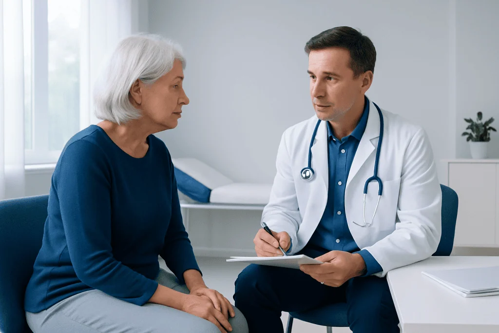 Doctor consulting with elderly patient in a medical office setting.
