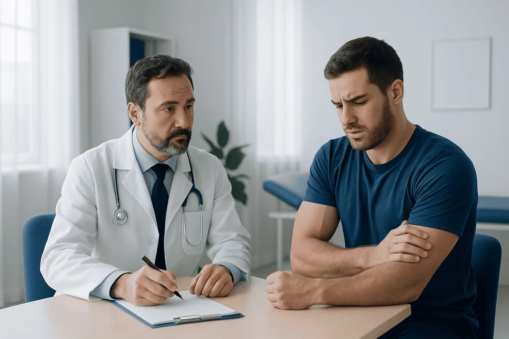 Doctor consulting with patient about arm injury or pain.