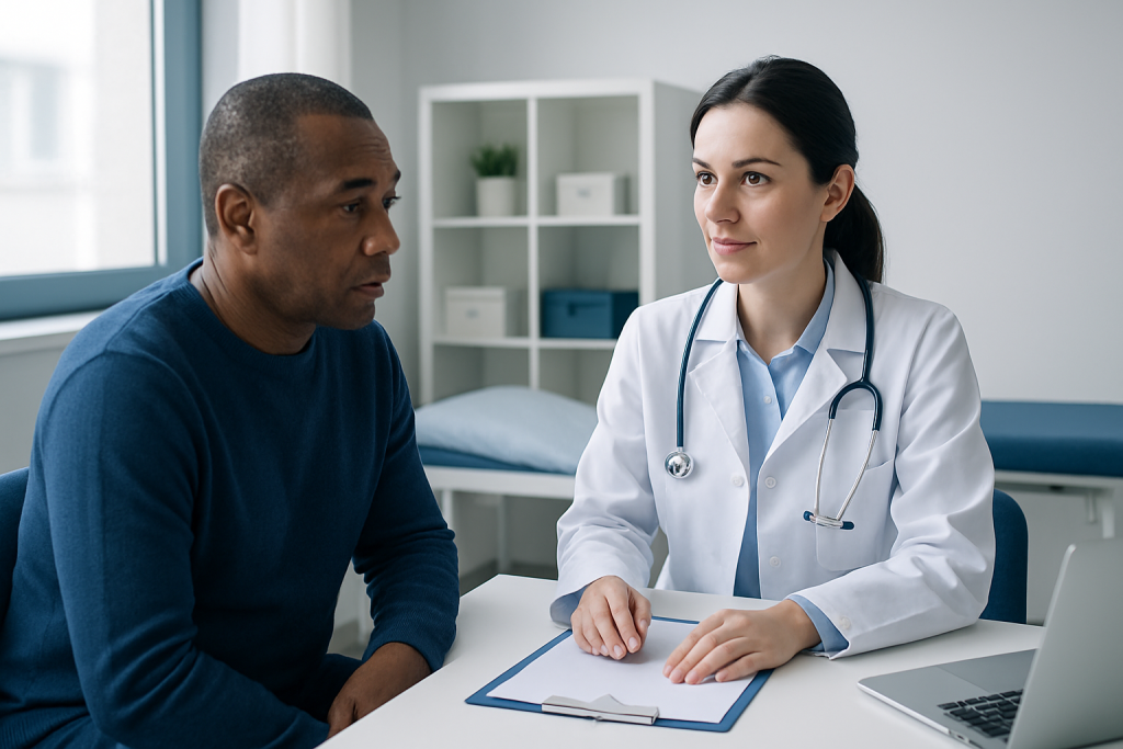 Doctor consulting with patient in a medical office setting.