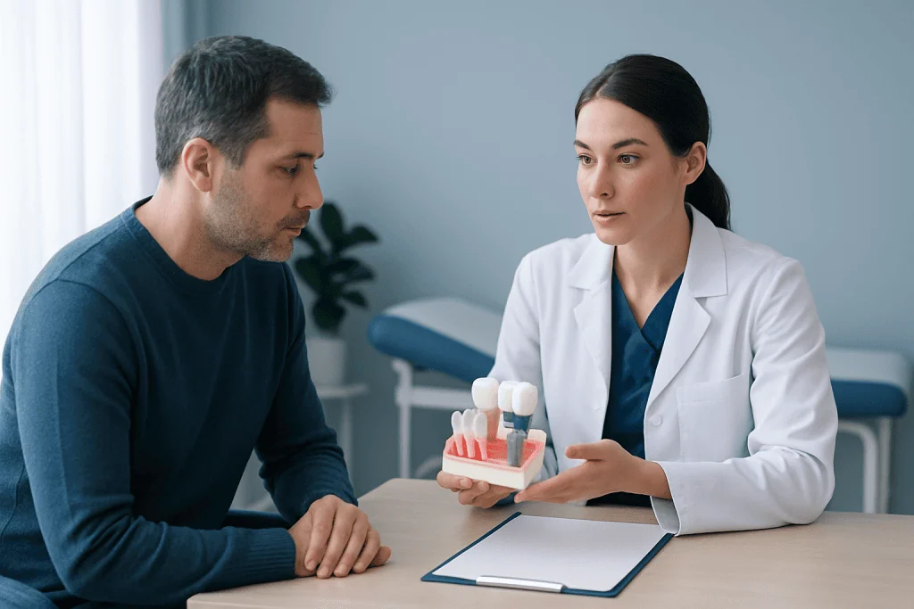 Dentist explaining dental bridge and implant options to patient.