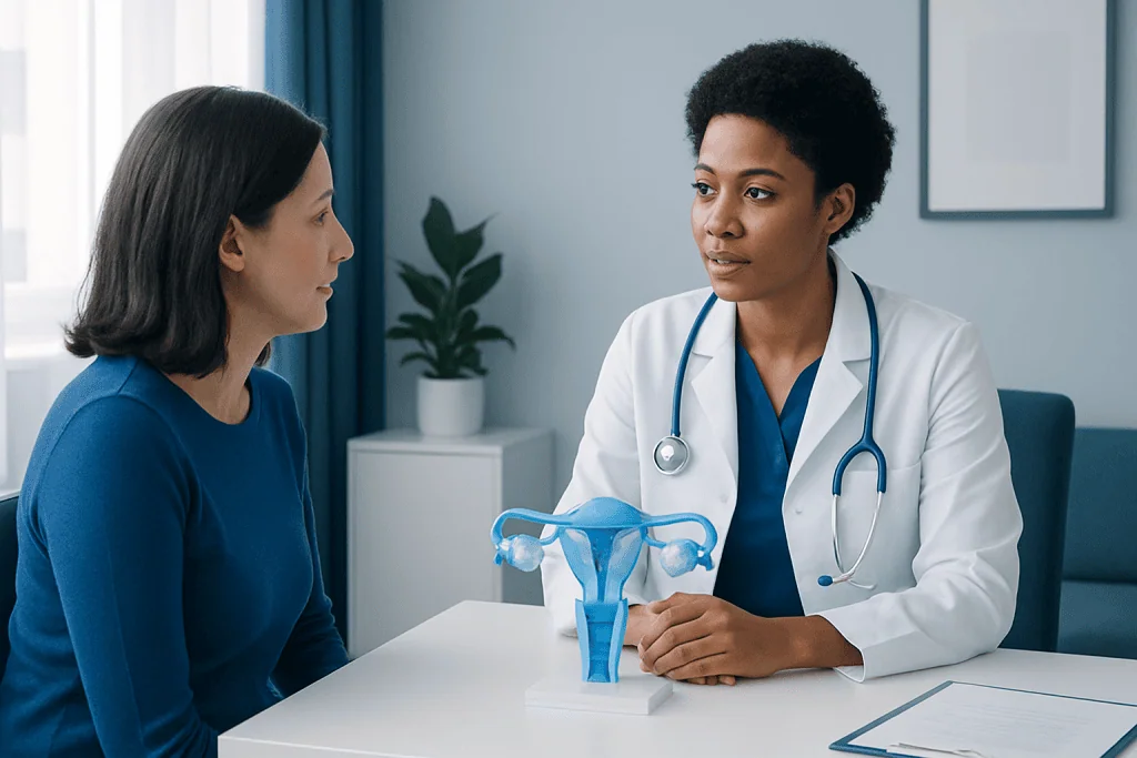 Doctor explaining uterine health options to a patient with a model of the uterus.
