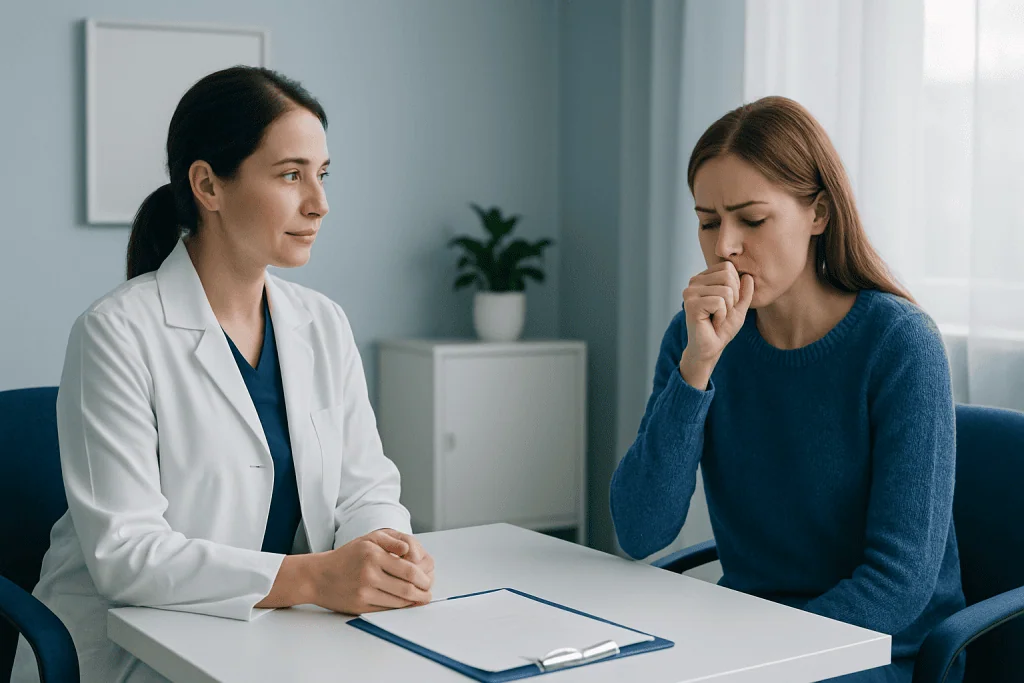 Doctor consulting with a young woman patient in a medical office.
