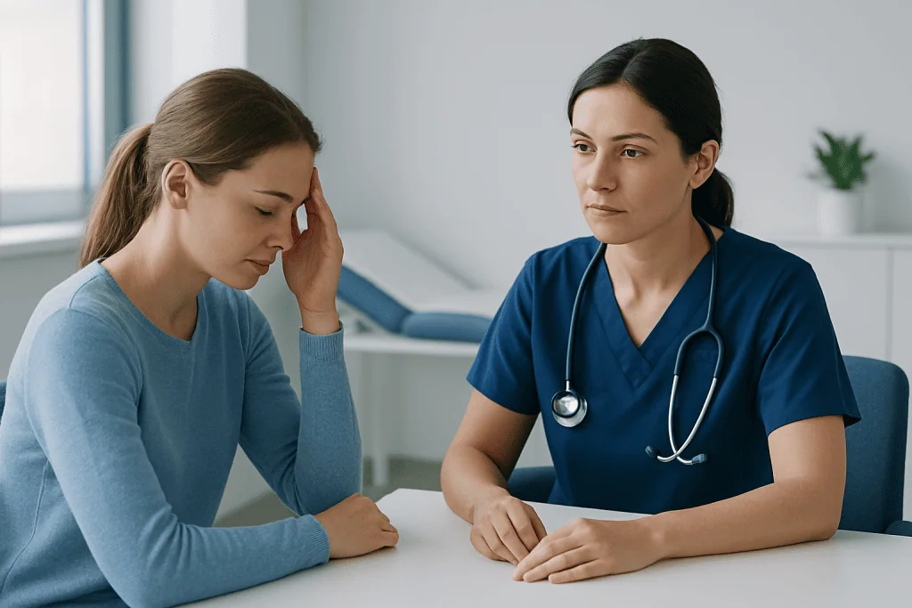 Doctor consulting a young woman patient in a medical office.