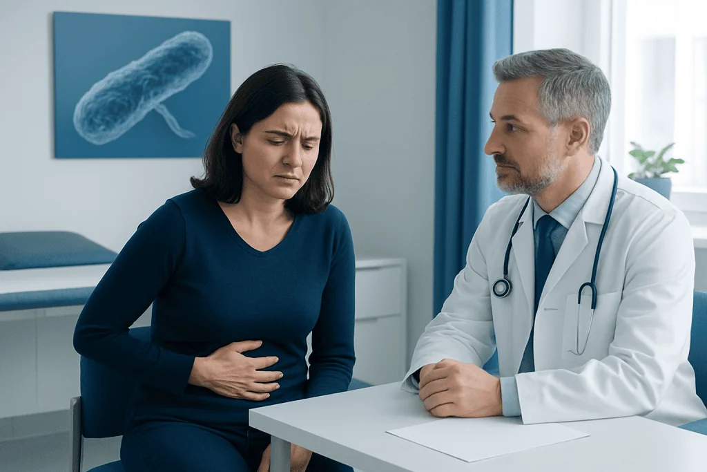 Doctor consulting with a woman patient about abdominal pain.