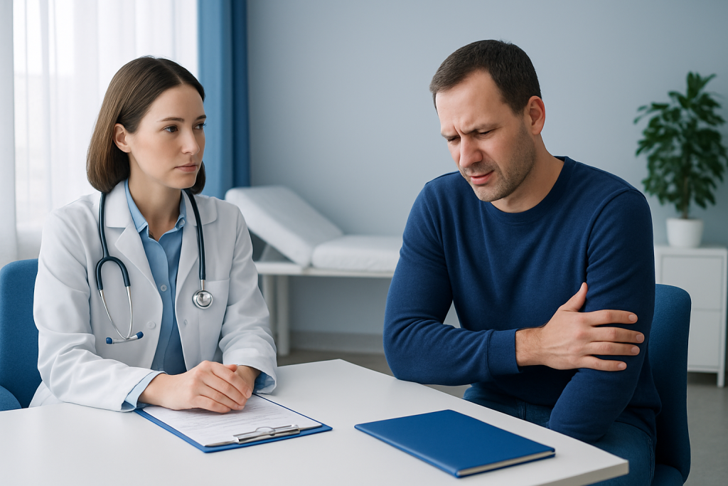 Doctor consulting a patient with stomach pain in a medical office.