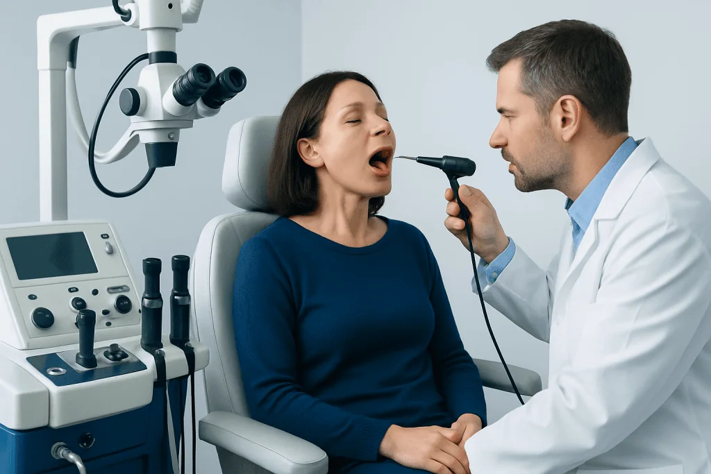 ENT doctor examines patient's throat with a scope in a clinical setting.