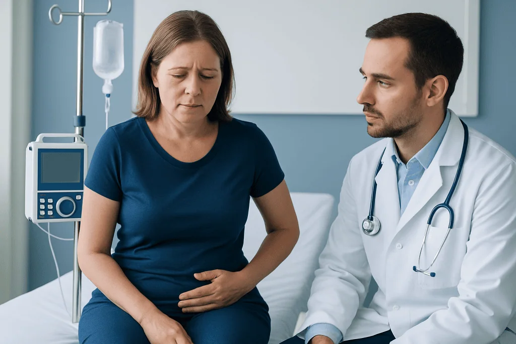 Woman with abdominal pain consulting a doctor in hospital.