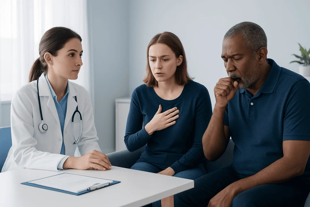 Doctor consulting with a patient about respiratory issues in a clinic setting.