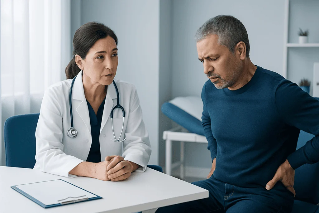 Doctor consulting with a patient about back pain in a medical office.