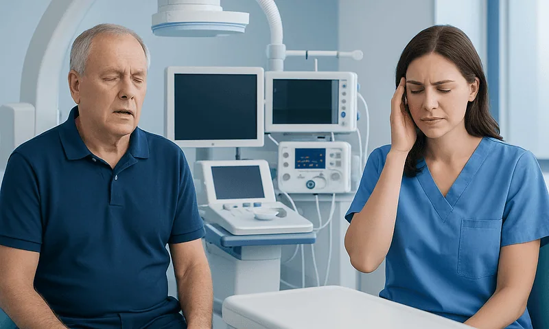 Patient experiencing headache or dizziness in a hospital setting with medical equipment.