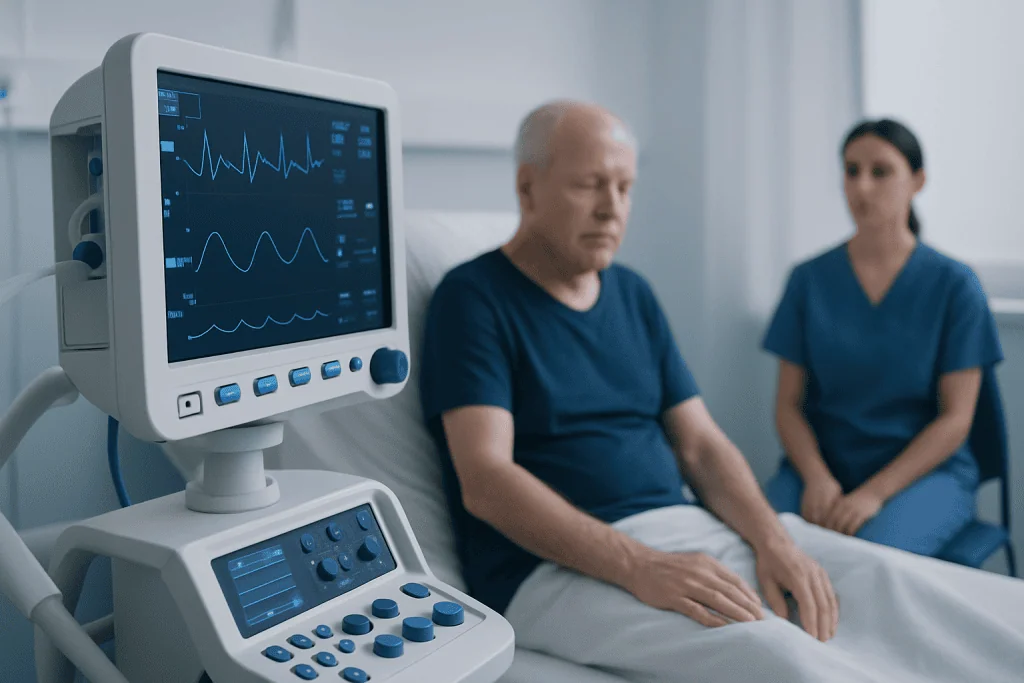 Patient undergoing cardiac monitoring in a hospital setting.