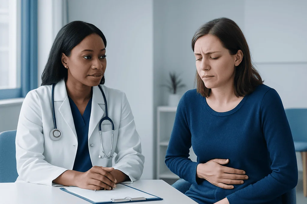 Doctor consulting with a patient about stomach pain symptoms.