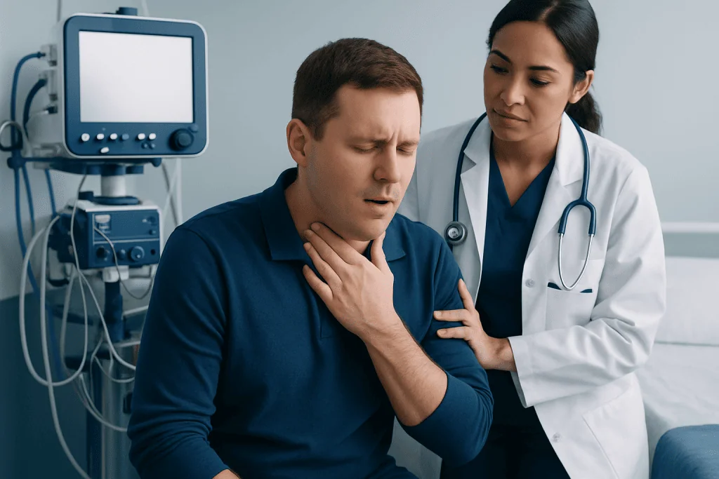 Patient experiencing choking with medical staff nearby in hospital setting.