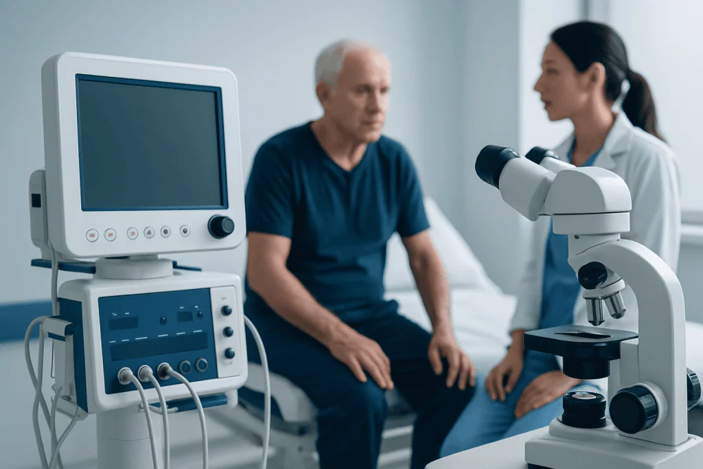 Doctor and patient in a medical examination room with diagnostic equipment.