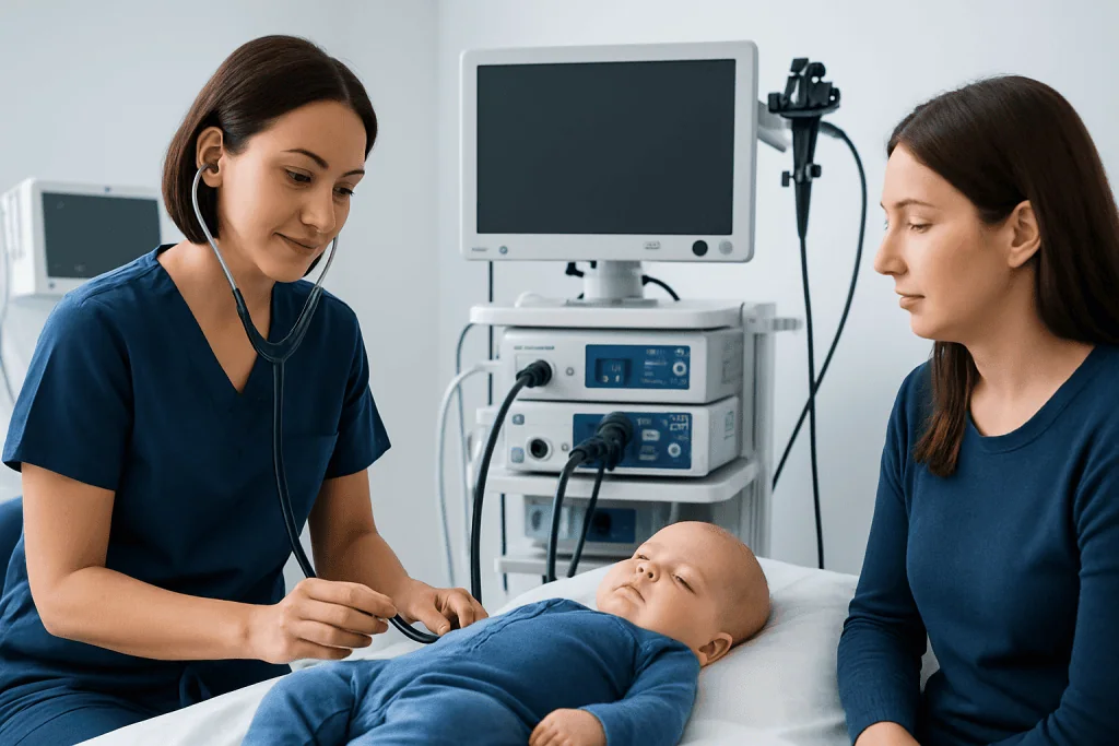 Pediatric doctor examining a young patient in a hospital room.