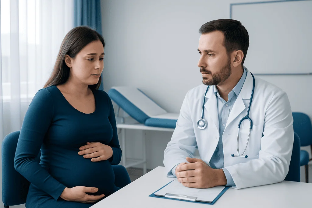Pregnant woman consulting with a doctor in a hospital setting.