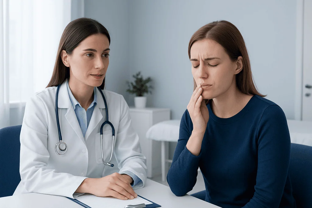 Doctor consulting a patient with a cold sore in a clinical setting.