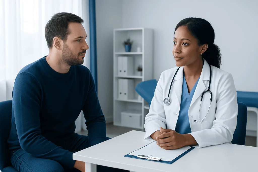 Doctor consulting with male patient in a medical office setting.