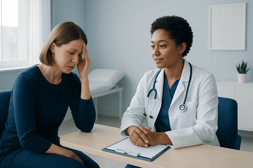 Female patient consulting with a doctor in a medical office.